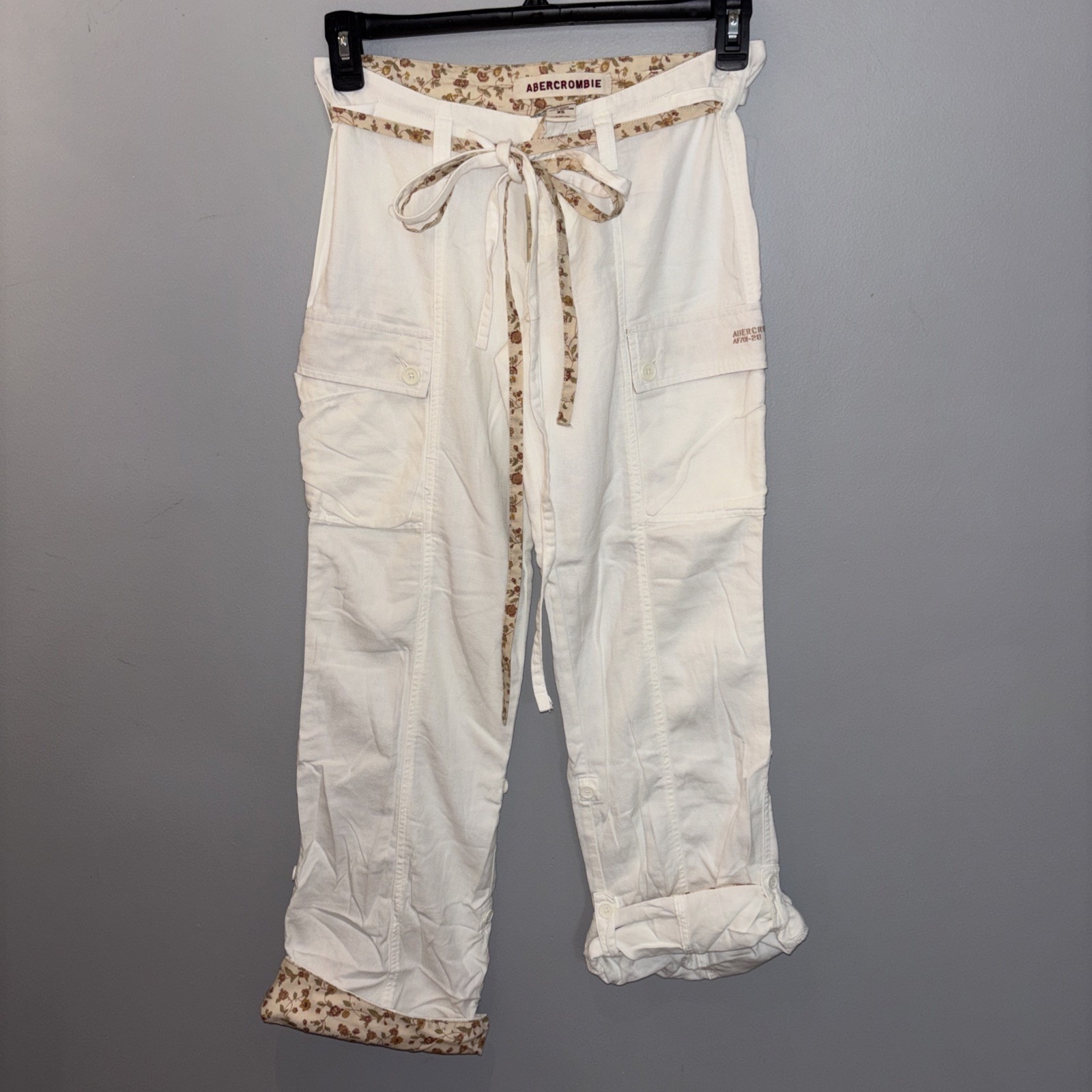 Y2k Abercrombie Cargo Utility Pants White Floral Cuff/ Waistband Wide Leg Xs
